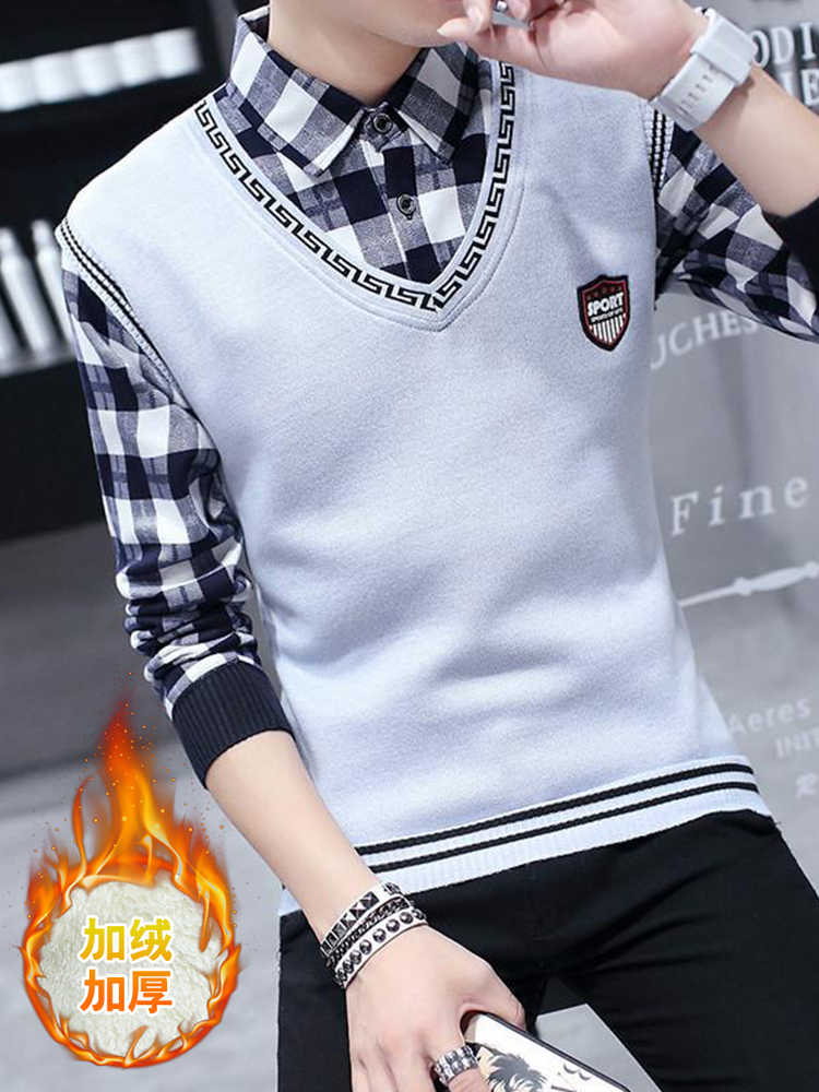 秋冬季毛衣男假两件加绒加厚保暖衬衣潮流线衣衬衫外套上衣服男装