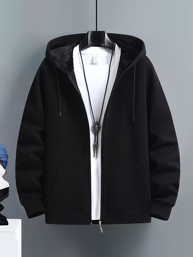 秋冬新款加绒潮流青年开衫卫衣男休闲宽松大码纯色百搭连帽外套潮