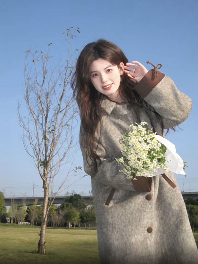 拼色领呢子大衣女2025秋冬季新款毛呢外套高级感小个子韩系中长款